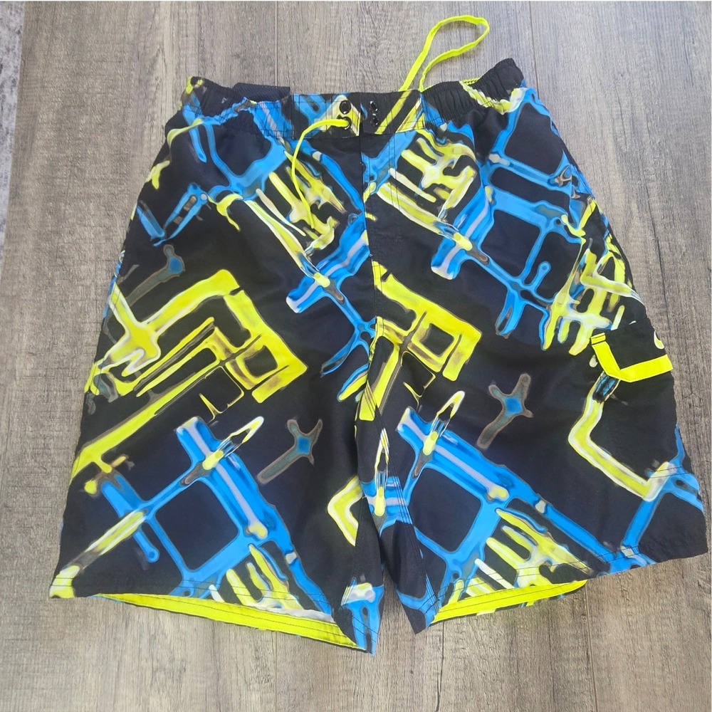Nike Mens Swim Trunks Large Black Neon‎ Yellow Blue Abstract Board Shorts Cargo